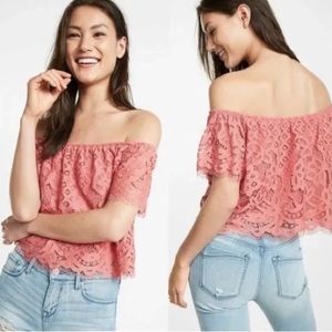 Express Small Coral Off-The-Shoulder Lace Crop Top